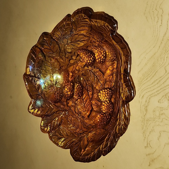 Source Unknown Other - Vintage Amber Iridescent Carnival Glass Grape Pattern Bowl Dish 7" Diameter